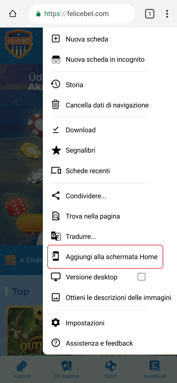 Aggiungi Felicebet alla schermata home per giocare subito.