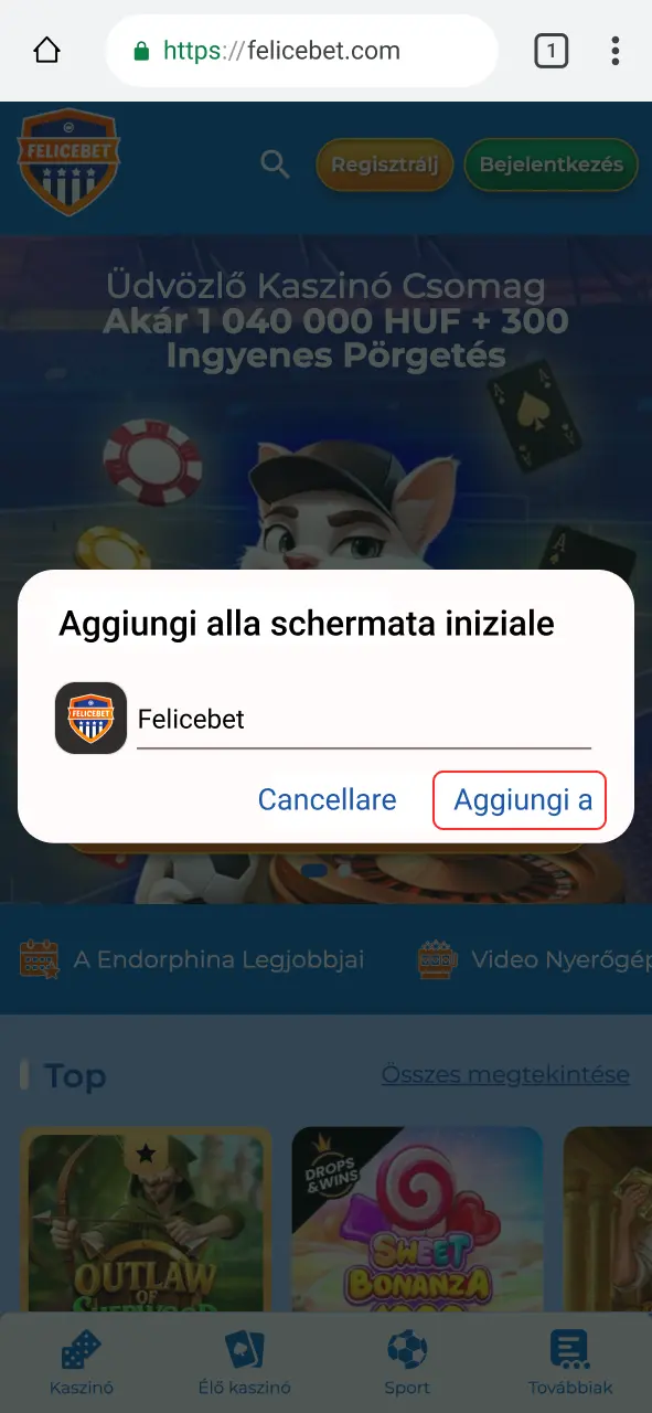 Conferma l'installazione e apri l'app Felicebet.