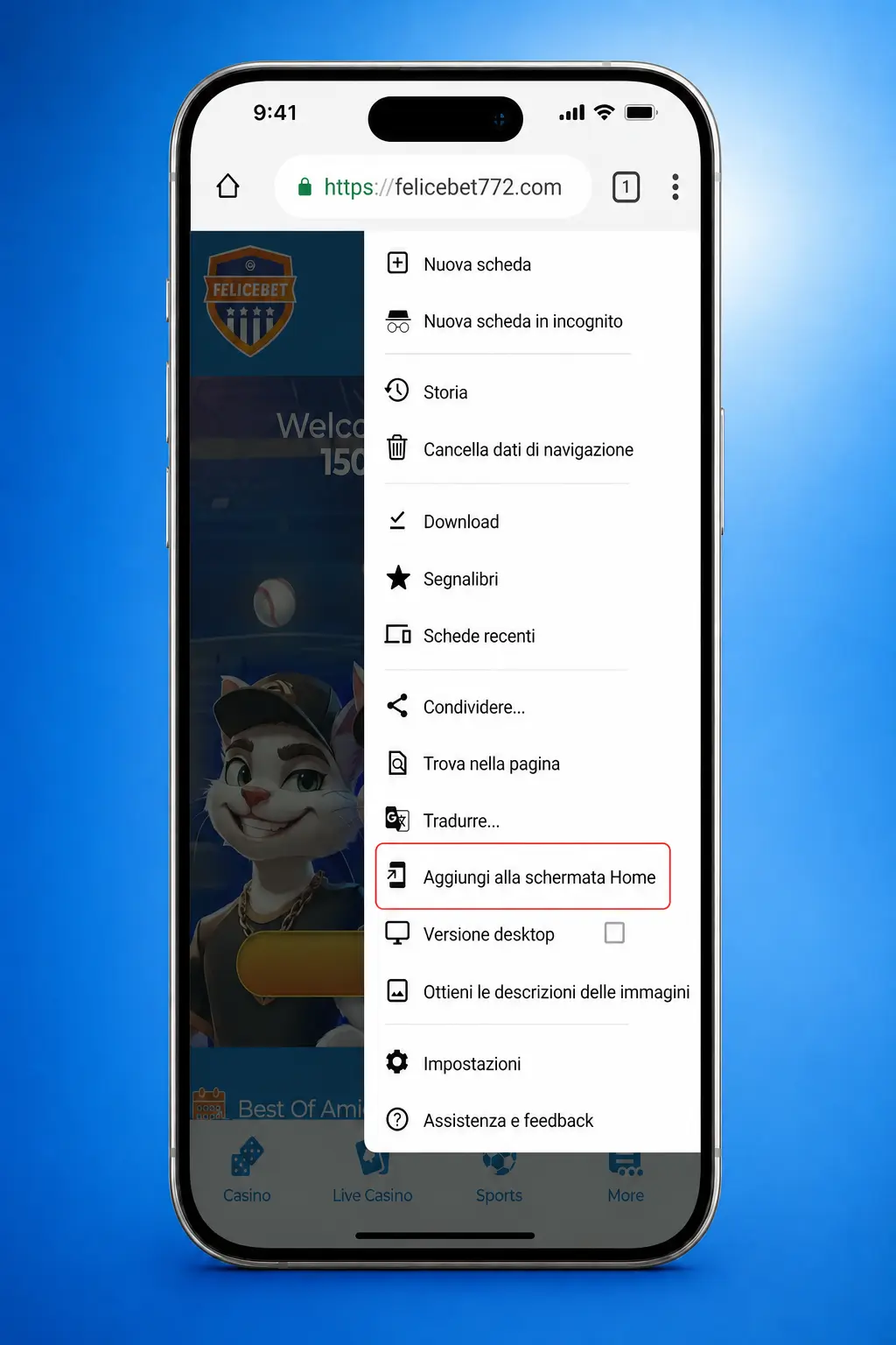 Download app Felicebet per Android tramite browser Chrome, installazione PWA senza store esterni